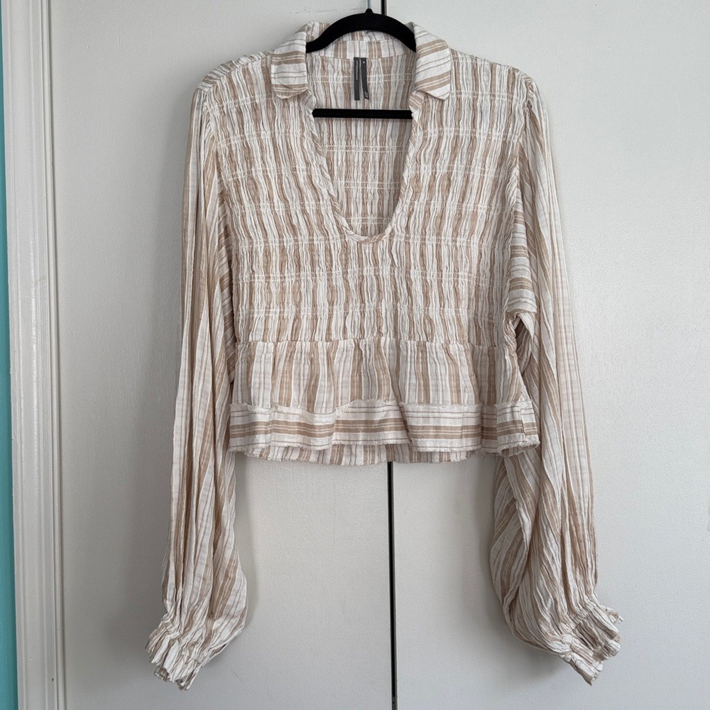 Anthropologie Striped Smocked V-Neck Crop Top Tan‎ White XS OB2123191
